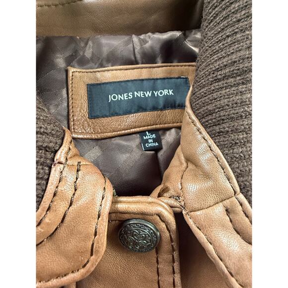 Jones New York Genuine Leather Jacket Women L Camel Tan Zip Moto Bomber Coat - Picture 3 of 10